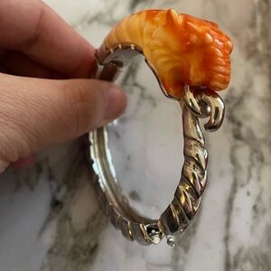 Vintage Kenneth Lane big cat tiger. Silver tone hinge statement bracelet. Rare
